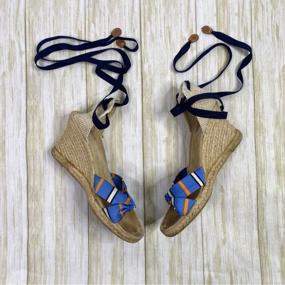 J. Crew Blue Striped Marianne Wrap Ankle Espadrille Wedge Sandals